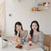 Camisa tipo blusa de lino y algodón a cuadros con cuello cuadrado